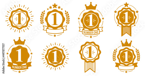 First place number one business success and triumph vector labels set isolated over white, graphic design elements, geometric vintage classic emblems collection, simplistic old style icons.