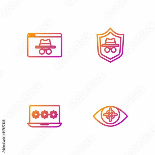 Set line Eye scan, Laptop with password, Browser incognito window and Incognito mode. Gradient color icons. Vector