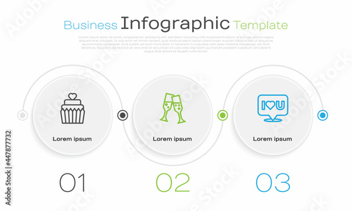 Set line Wedding cake with heart, Glass of champagne and Speech bubble I love you. Business infographic template. Vector