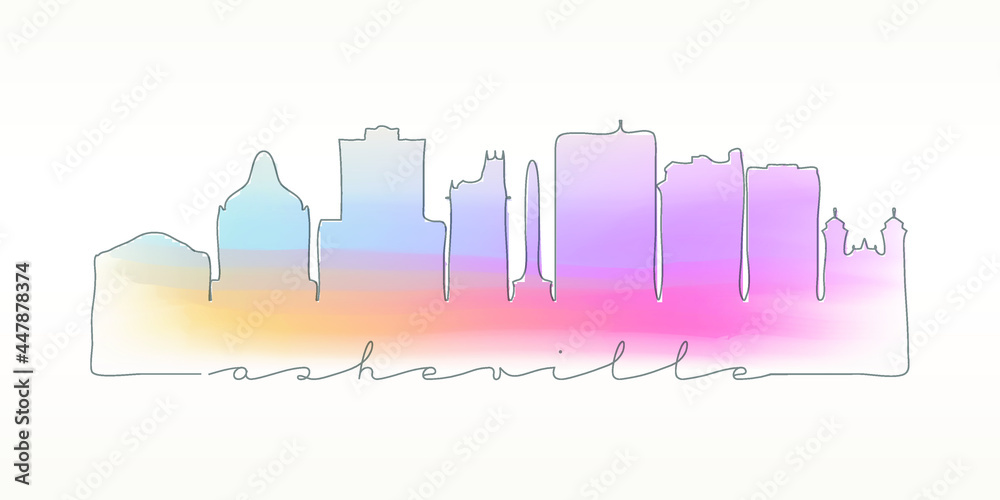 Asheville, NC, USA Skyline Watercolor City Illustration. Famous Buildings Silhouette Hand Drawn Doodle Art. Vector Landmark Sketch Drawing.