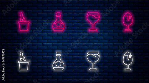 Set line Bottle of cognac or brandy, Wine glass, Champagne ice bucket and Glass beer. Glowing neon icon on brick wall. Vector