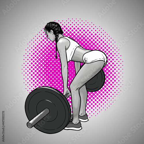 Beautiful girl lifts a barbell during fitness classes sketch vector illustration