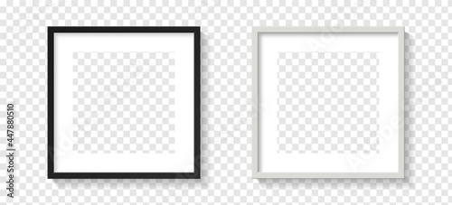 Realistic picture frame mockup square set. Isolated Black and white pictures frames mock-up. Wall presentation empty frame mockups. Vector illustration.