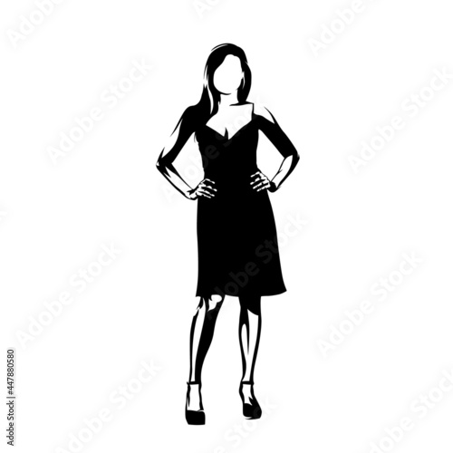 Sexy woman in short summer dress standing with hands on hips, front view. Isolated vector silhouette, ink drawing
