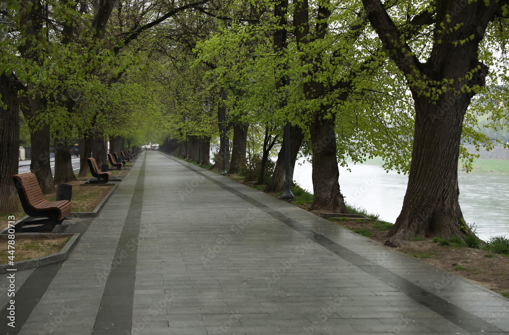 Beautiful view of city park with benches on grey day. Spring season