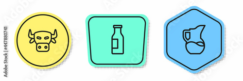Set line Cow head, Bottle with milk and Milk jug or pitcher. Colored shapes. Vector
