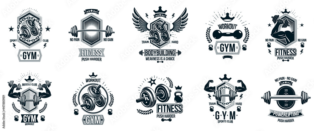 Fototapeta Gym fitness sport emblems and logos vector set isolated with barbells dumbbells kettlebells and muscle body man silhouettes and hands, athletics workout sport club, active lifestyle.