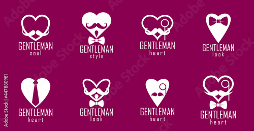 Gentleman hearts vector icons or logos set, heart shapes with ties mustaches and glasses symbols collection, man club, male style and fashion.