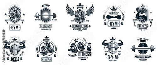 Gym fitness sport emblems and logos vector set isolated with barbells dumbbells kettlebells and muscle body man silhouettes and hands, athletics workout sport club, active lifestyle.
