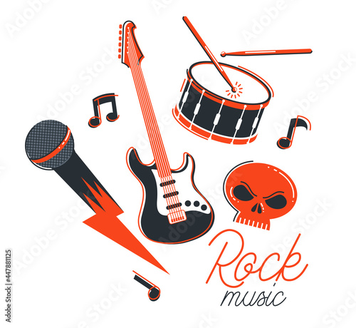 Rock music band vector flat illustration isolated over white background, hard rock and heavy metal live sound festival or concert, rock n roll musical band playing, night club party.