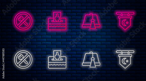 Set line Donate or pay your zakat, Turkish hat, Ramadan fasting and Star and crescent. Glowing neon icon on brick wall. Vector