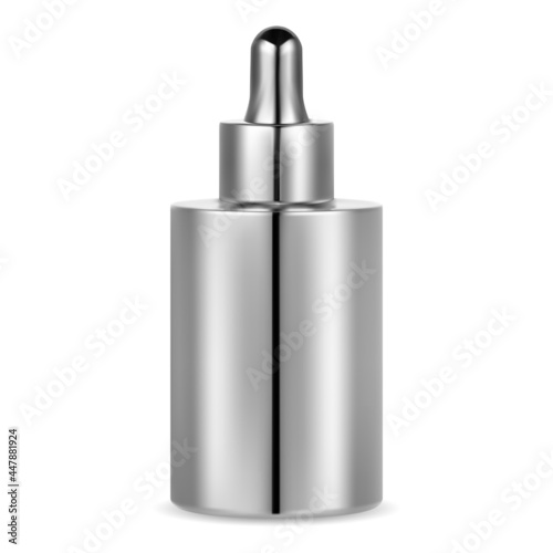 Serum essence bottle. Cosmetic dropper vial, face collagen. Essential oil bottle mockup. Facial care treatment product, silver metal flask
