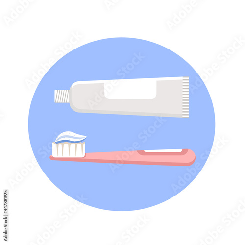 Toothbrush and toothpaste icon on the blue background for denture icon. Brushing teeth and dental equipment. Hygiene and oral care. Flat vector illustration.