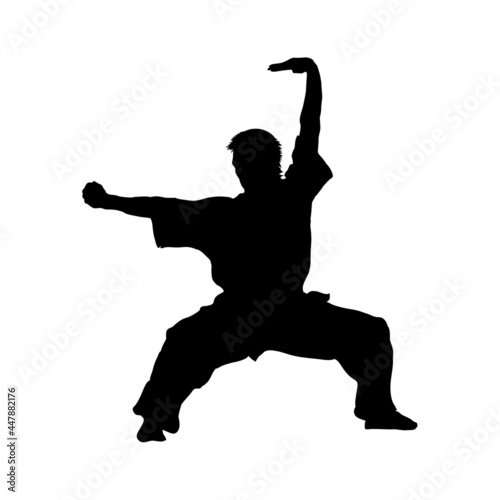 Man shows wushu while standing. Wushu art. Kung Fu karate. Silhouette. Vector illustration