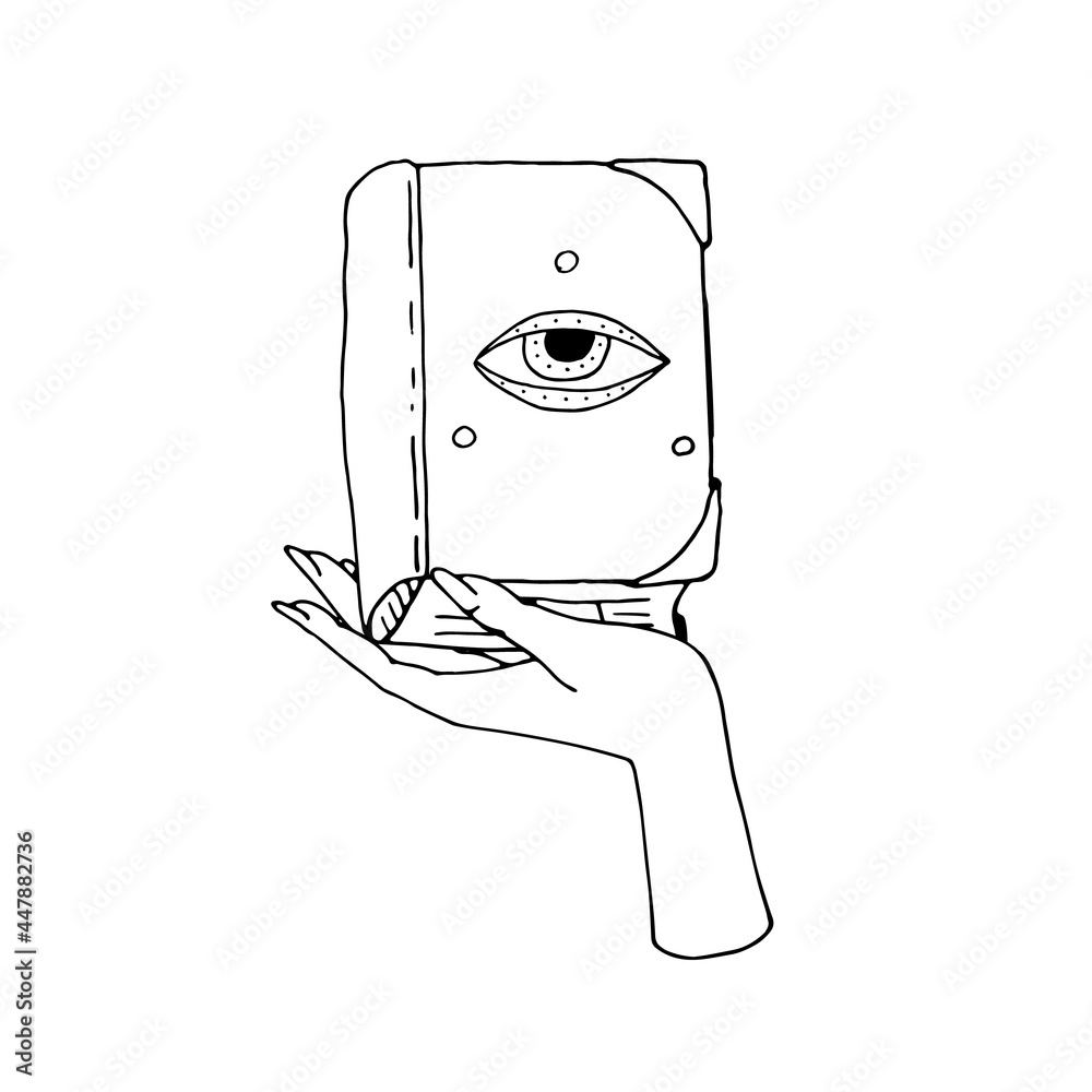 Vintage Mystic Spell Book with evil eye on cover in female hand Illustration