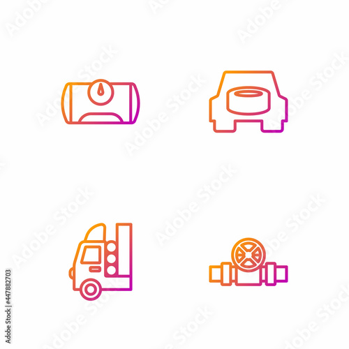Set line Metallic pipes and valve, Gas tank for vehicle, and Spare wheel in the car. Gradient color icons. Vector
