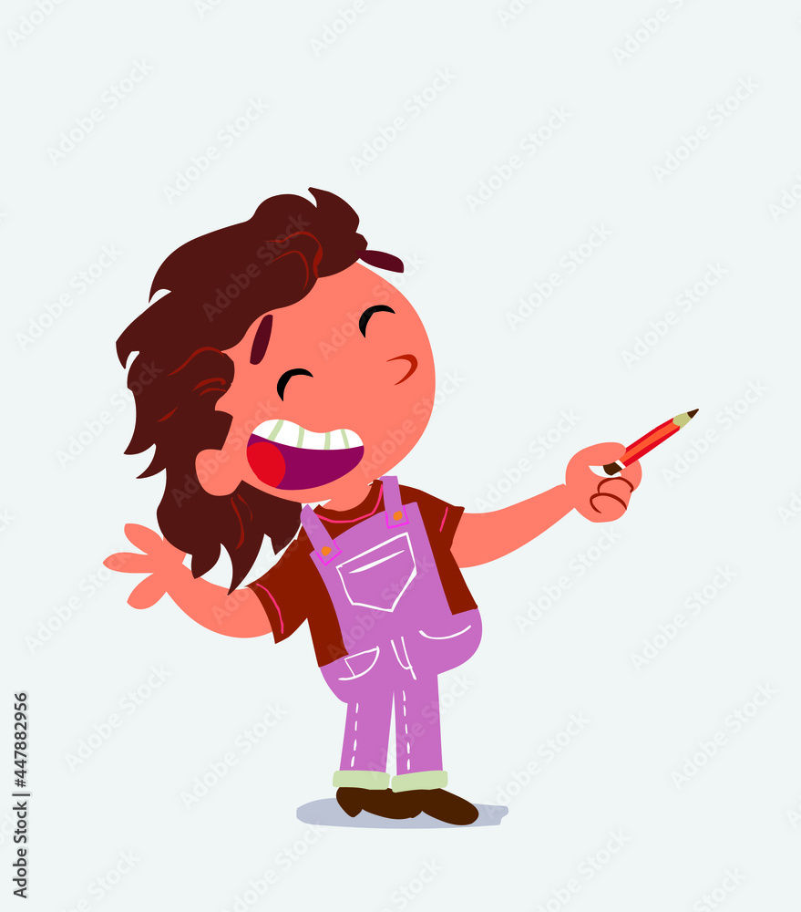 cartoon character of little girl on jeans is happy while pointing to the side with a pencil. cartoon character of little girl on jeans is happy while pointing to the side with a pencil.