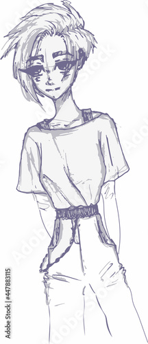 Vector illustration of a girl in overalls. Sketch of a teenager in stylish clothes. Freehand illustration of a girl with short hair in overalls