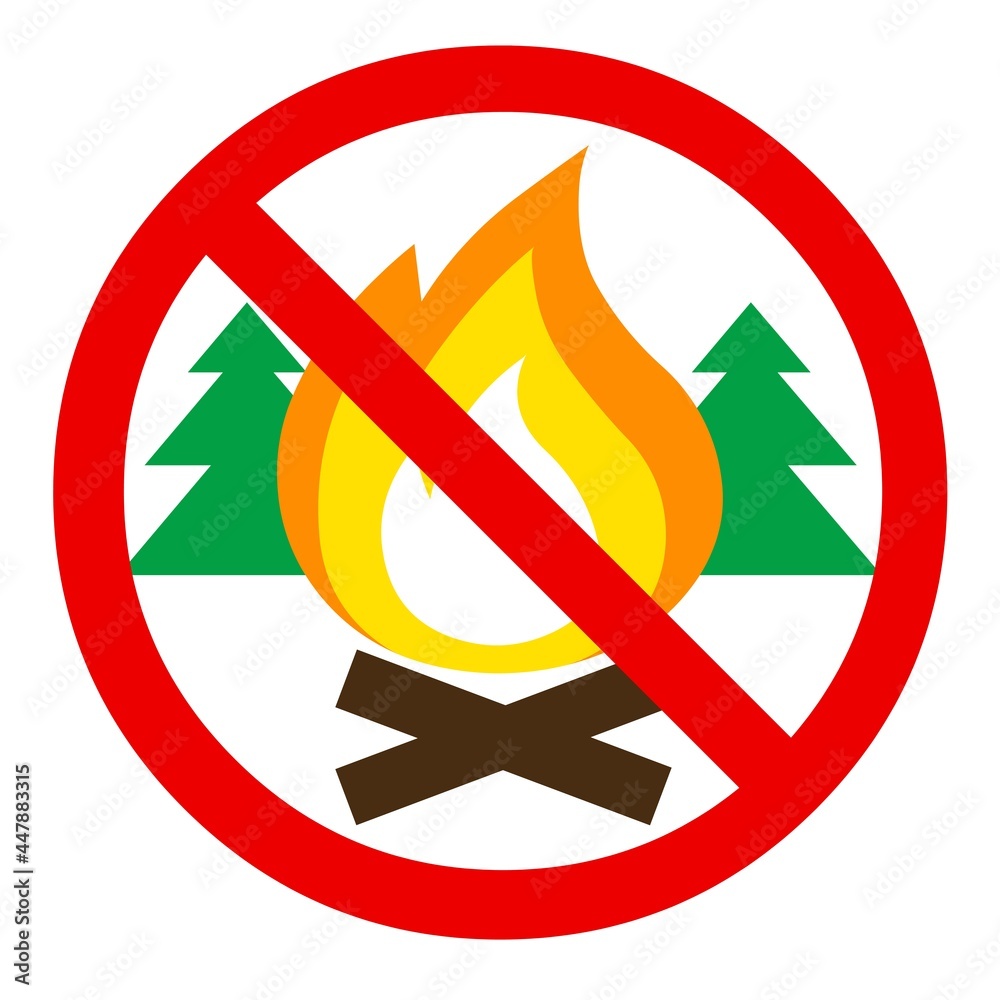 It is forbidden to light a fire in the forest. Red sign prohibiting lighting a fire. Ban on fire. Flat color design isolated on white background. It is forbidden to light a fire in the forest. Red sign prohibiting lighting a fire. Ban on fire. Flat color design isolated on white background.