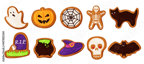 Collection colored halloween cookies vector cartoon illustration bakery candy with scary monsters