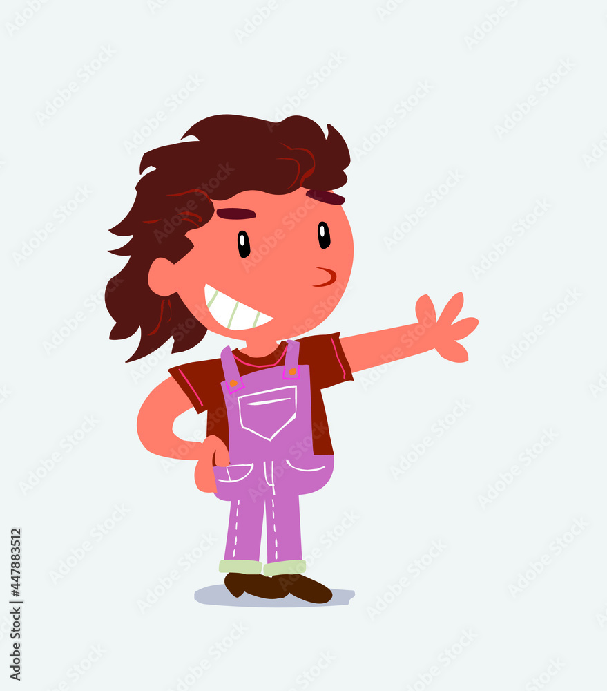 Pleased cartoon character of little girl on jeans points to something. Pleased cartoon character of little girl on jeans points to something.