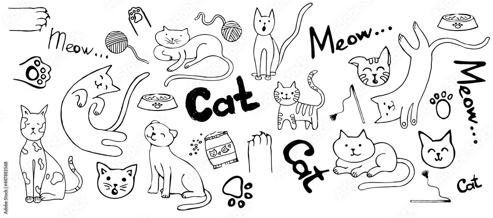 a set of doodles with cats and accessories. Black contours of stylized kittens