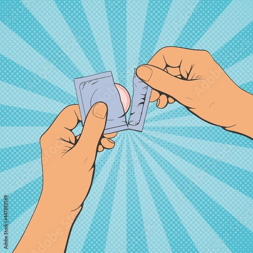 Opening the condom package. Preventing the spread of genital infections. Vector illustration in pop art style