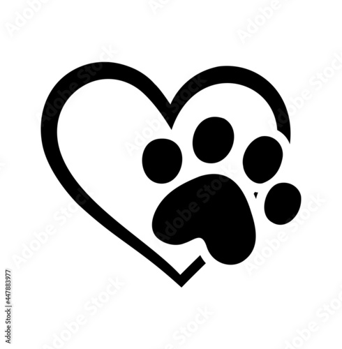 Vector black heart shape stencil love symbol, pet cat or dog footprint .Doggy kitty paw mark silhouette drawing sign.Puppy footstep trail icon .T shirt print design.Sticker.Tattoo.Plotter laser cut. 