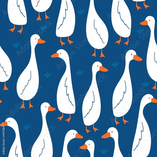 Pattern with cute goose on blue background. Vector illustration in flat style. esign for fabric, wallpaper or wrap paper.