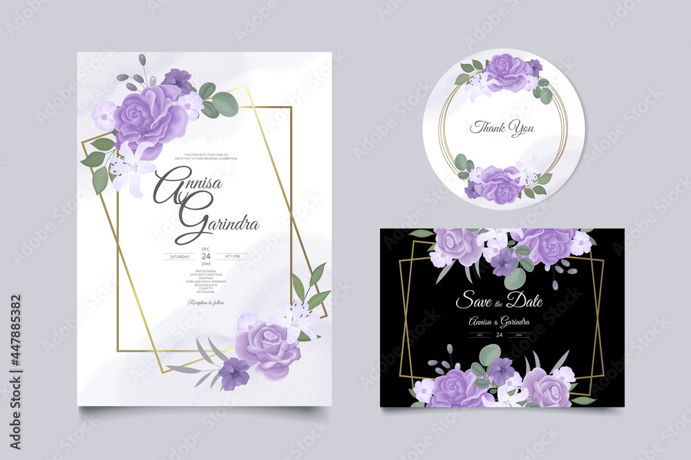 Wedding invitation card template set with beautiful purple floral leaves Premium Vector