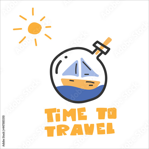 Ship, boat in a bottle. Cute marine illustration. Vector image, clipart, editable details.