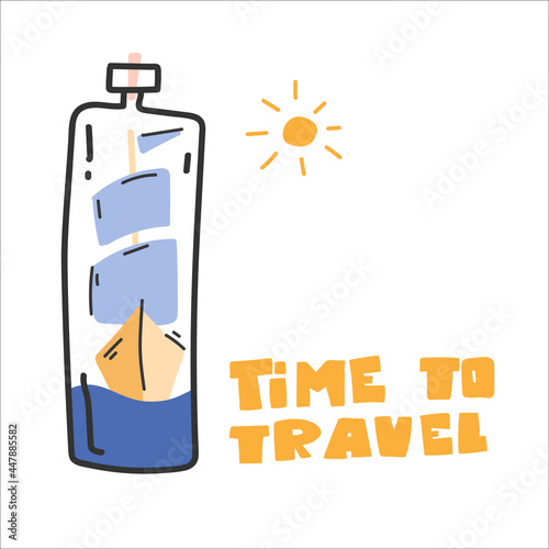 Ship, boat in a bottle. Cute marine illustration. Vector image, clipart, editable details.
