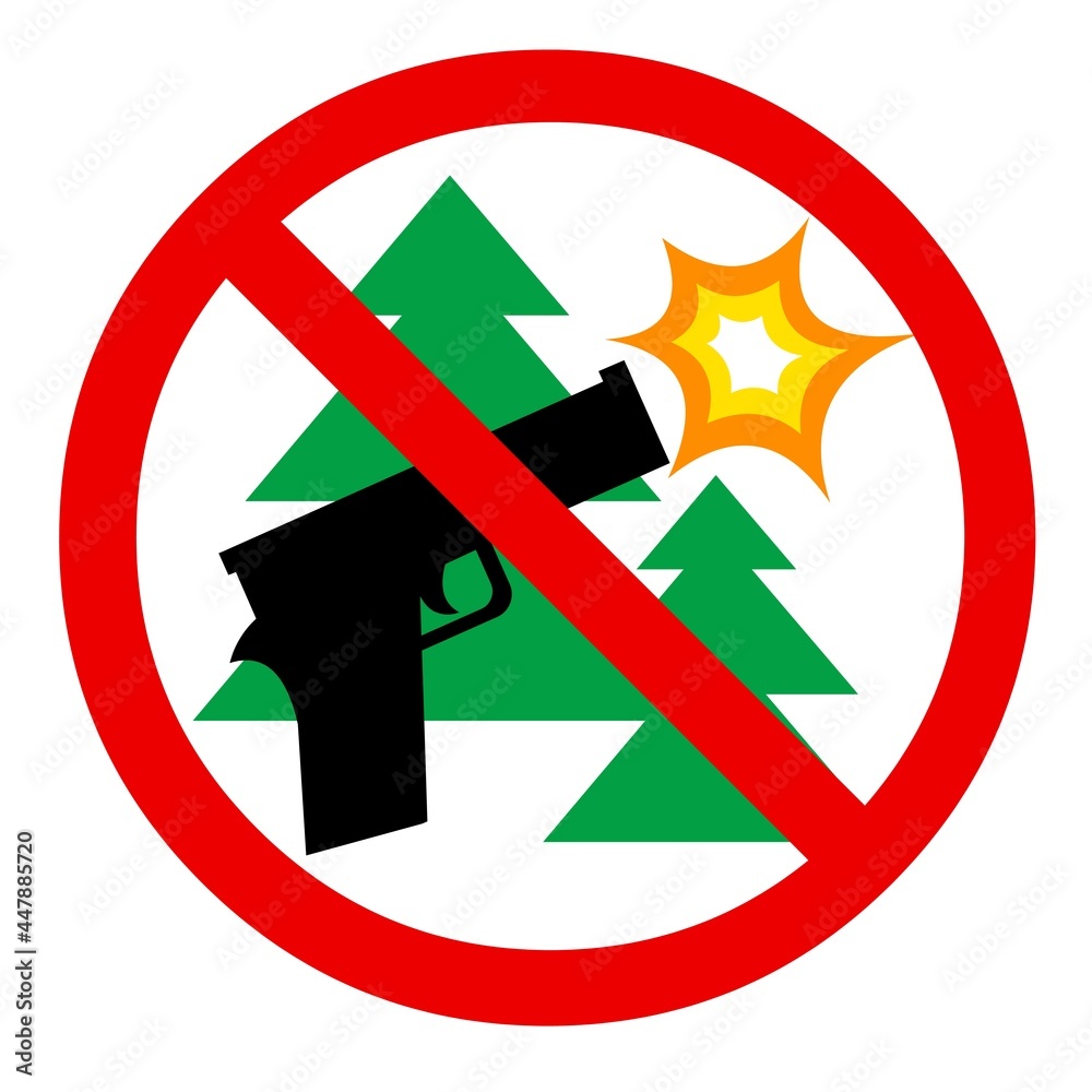 Icon - ban on shooting in the woods. You can't shoot. Ban firearm. Red ban sign, weapons and spruce. Flat design isolated on white background. Icon - ban on shooting in the woods. You can't shoot. Ban firearm. Red ban sign, weapons and spruce. Flat design isolated on white background.