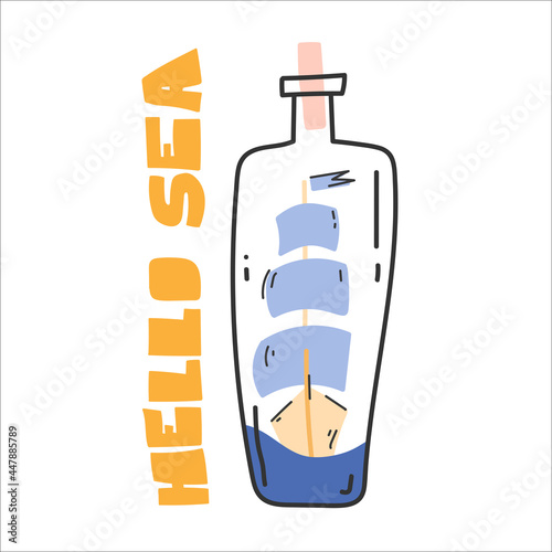 Ship, boat in a bottle. Cute marine illustration. Vector image, clipart, editable details.