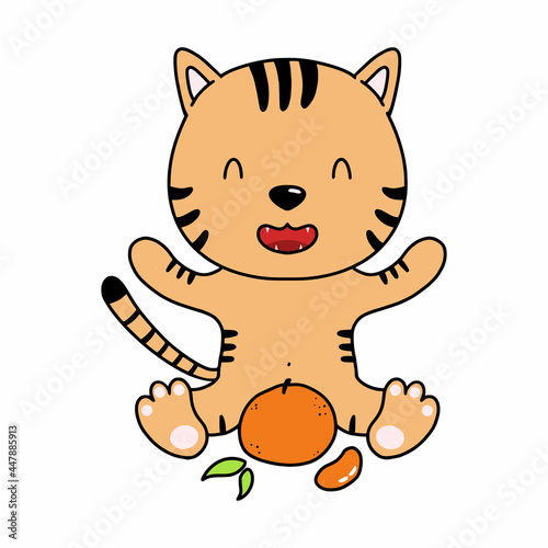 Funny tiger with tangerine. Symbol of new year 2022 according to Eastern calendar. Vector character in doodle style.