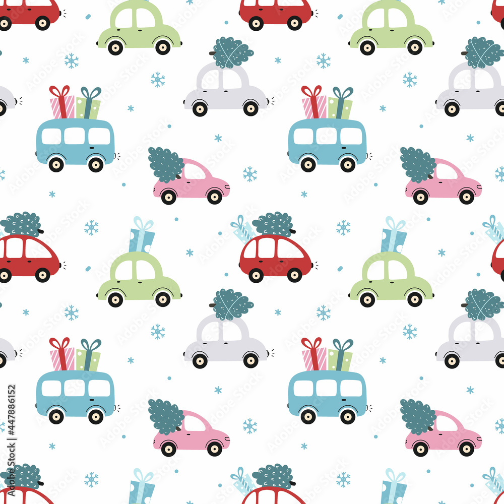 Seamless pattern for new year with cute car. In auto there is gift and Christmas tree for holidays. Background for sewing children clothing and printing on packaging paper. Seamless pattern for new year with cute car. In auto there is gift and Christmas tree for holidays. Background for sewing children clothing and printing on packaging paper.