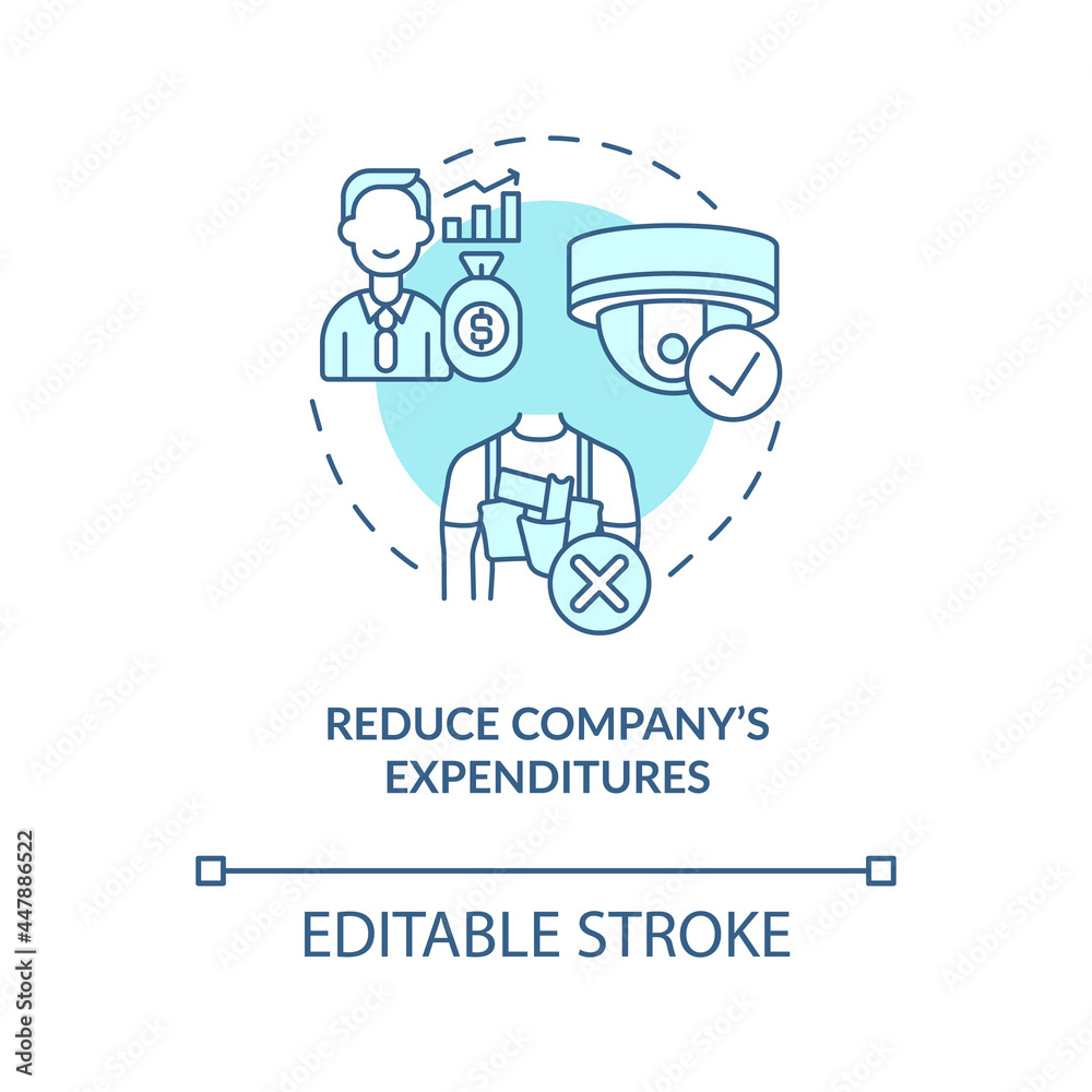 Reduce company expenditures turquoise concept icon. Surveillance systems and behavior improvement abstract idea thin line illustration. Vector isolated outline color drawing. Editable stroke Reduce company expenditures turquoise concept icon. Surveillance systems and behavior improvement abstract idea thin line illustration. Vector isolated outline color drawing. Editable stroke