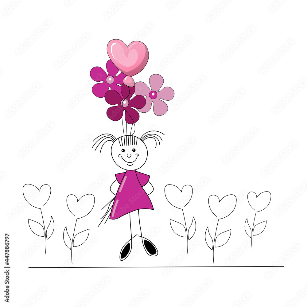 child with flowers and balloons illustration child with flowers and balloons illustration