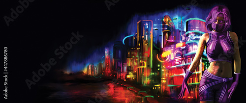 Cyberpunk girl in a city horizontal banner   Illustration a woman in a cyberpunk outfit. Bright neon city in the background. Digital painting