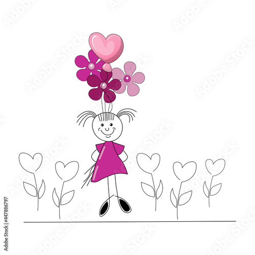 child with flowers and balloons illustration 