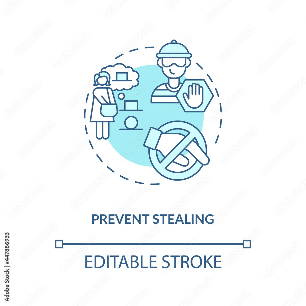 Prevent stealing blue concept icon. Security systems and products protection. Surveillance camera in retail abstract idea thin line illustration. Vector isolated outline color drawing. Editable stroke