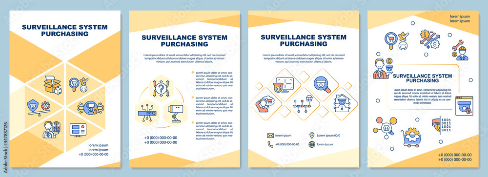 Surveillance system purchasing brochure template. Flyer, booklet, leaflet print, cover design with linear icons. Vector layouts for presentation, annual reports, advertisement pages Surveillance system purchasing brochure template. Flyer, booklet, leaflet print, cover design with linear icons. Vector layouts for presentation, annual reports, advertisement pages