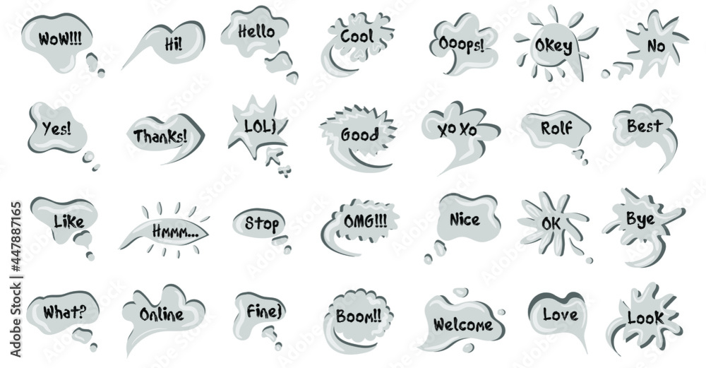Obraz premium Chat bubble talk phrases. Clouds with different words. Speech bubbles with text. Online chat clouds vector isolated on white background. Infographic elements for your design. 