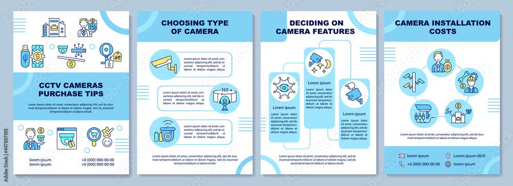 CCTV camera purchase brochure template. Choosing and installation. Flyer, booklet, leaflet print, cover design with linear icons. Vector layouts for presentation, annual reports, advertisement pages