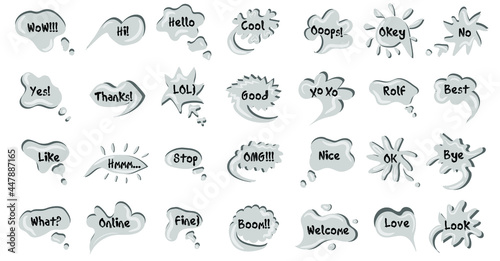 Chat bubble talk phrases. Clouds with different words. Speech bubbles with text. Online chat clouds vector isolated on white background. Infographic elements for your design. 