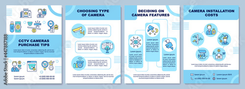 CCTV camera purchase brochure template. Choosing and installation. Flyer, booklet, leaflet print, cover design with linear icons. Vector layouts for presentation, annual reports, advertisement pages