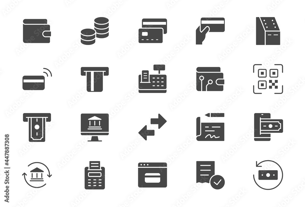 Finance operations simple flat icons. Vector illustration with minimal icon - banking, credit card, contacless payment, swift, cash, atm, cashier glyph silhouette pictogram. Black color