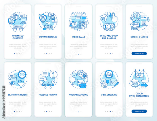 Message software blue onboarding mobile app page screen set. Online instant chat walkthrough 5 steps graphic instructions with concepts. UI, UX, GUI vector template with linear color illustrations
