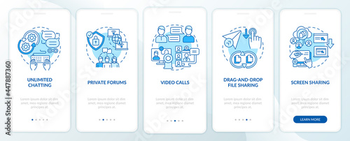 Business messaging option blue onboarding mobile app page screen. Work service walkthrough 5 steps graphic instructions with concepts. UI, UX, GUI vector template with linear color illustrations