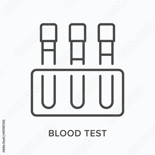 Blood test flat line icon. Vector outline illustration of laboratory tubes. Black thin linear pictogram for medicine research